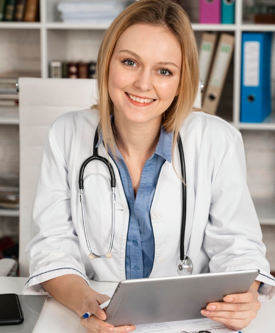 Doktorica u bijelom mantilu sa stetoskopom oko vrata sjedi u ordinaciji i drži tablet u rukama